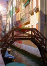 Venezia, Veneto, Italy. Vintage wooden bridge