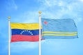 Venezuela and Aruba two flags on flagpoles and blue sky