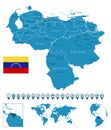 Venezuela - detailed blue country map with cities, regions, location on world map and globe. Infographic icons