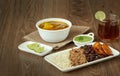 Venezuelan and Colombian food varied, arepa, tostones, patacon, sancocho, beef soup, pabellÃÂ³n criollo with papelon con limon Royalty Free Stock Photo