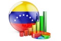 Venezuelan flag with growth bar graph and pie chart. Business, finance, economic statistics in Venezuela concept. 3D rendering