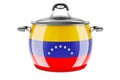 Venezuelan national cuisine concept. Venezuelan flag painted on the stainless steel stock pot. 3D rendering