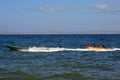 Venezuelan typical boat with inflatable banana