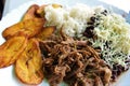 Venezuelan typical dish called Pabellon, made up of shredded meat, black beans, rice, fried plantain slices, and salty cheese. Royalty Free Stock Photo