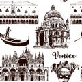 Venice architectural symbols seamless pattern set: Carnival mask, palazzo, basilica, San Marco, gondola. sketch