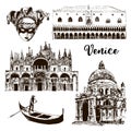 Venice architectural symbols: Carnival mask, palazzo, basilica, San Marco, gondola etc drawn sketch illustration