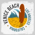 Venice Beach California Surfing Surf Design With A Surf Board On The Beach And Palm Leaf Logo Sign Label for Promotio Royalty Free Stock Photo