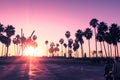 Venice beach Sunset in Los Angeles with a pedestrian walk during orange sunset. Empty beach