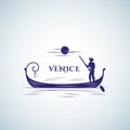 Venice Boat Abstract Vector Sign, Emblem or Logo Template. Floating Gondola, Moon and Boatman Silhouette.