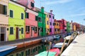 Venice, Burano island canal, small colored houses and the boats