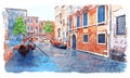 Venice canal and ancient buildings in watercolor