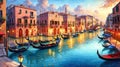 Venice canals with gondolas atmospheric landscape , oil painting style illustration Royalty Free Stock Photo