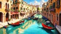 Venice canals with gondolas atmospheric landscape , oil painting style illustration