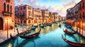 Venice canals with gondolas atmospheric landscape , oil painting style illustration Royalty Free Stock Photo