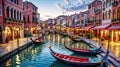 Venice canals with gondolas atmospheric landscape , oil painting style illustration Royalty Free Stock Photo