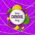 Venice Carnival Party banner with a Lettering, decorative floral elements, white beads and traditional Mardi Gras