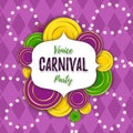 Venice Carnival Party banner with a Lettering, decorative floral elements, white beads and traditional Mardi Gras