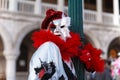 Venice Carnival 2019. San Marco Square. Venetian masked model on the laguna streets