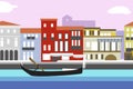 Venice city colorful flat style vector illustration. Cityscape with embankment and buildings. Composition for your design. Royalty Free Stock Photo