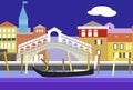 Venice city colorful flat style vector illustration. Cityscape with embankment, buildings and gondola. Composition for your design Royalty Free Stock Photo