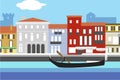 Venice city colorful flat style vector illustration. Cityscape with embankment, buildings and gondola. Composition for your design Royalty Free Stock Photo