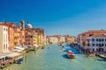 Venice cityscape with Grand Canal waterway. View from Scalzi bridge. Gondolas, boats, yachts, vaporettos