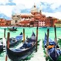 Venice cityscape view with anchored gondolas on the Grand canal in historic Venice, Venezia, Italy, Europe, tourist