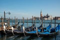 Venice Gondolas moored at the San Marco Piazza square.Venice Italy.