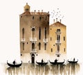 Venice with gondolas on the water, calm soft colors, printable illustration