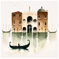 Venice with gondolas, watercolor illustration, Italy, calm soft colors