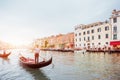 Venice Grand canal with gondolas and Rialto Bridge, Italy in sum