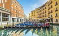 Venice horizontal pictorial cityscape, Italy, Europe.Gondola Bacino Orseolo station with gondolas at their moorings on background