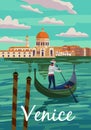 Venice Italia Poster Retro Style. Grand Canal, Gondolier, Architecture, Vintage Card. Vector Illustration Postcard