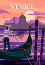 Venice Italia Poster Retro Style. Sunset Grand Canal, Gondolier, Architecture, Vintage Card. Vector Illustration