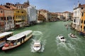 VENICE, ITALY - APRIL 24, 2019: View of Grand Canal with boat, vaparetto and motorboat