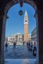 Venice, Italy - April 20, 2019: View of Saint Mark square San Marco, with Doges Palace Palazzo Ducale, bell tower campanile Royalty Free Stock Photo