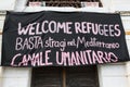 Welcome refugees banner reading No more massacres in the Mediterranean - Humanitarian canal