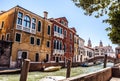 VENICE, ITALY - AUGUST 20, 2016: Famous architectural monuments and colorful facades of old medieval buildings close-up Royalty Free Stock Photo