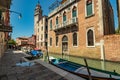 VENICE, ITALY - August 03, 2019: Narrow pedestrian streets of Venice bitween the channels. Some quiet places almost without people Royalty Free Stock Photo