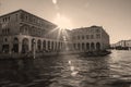 Venice.Italy. 23 August -2016:Tourists in gondolas sailing on the grand canal, toned- sepia Royalty Free Stock Photo