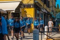 VENICE, ITALY - August 27, 2021: View of group of scouts walking along the canals of Venice, Italy