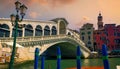 Venice, Italy: Beautiful panorama of the Rialto Bridge, an important symbols of city. It connects the San Marco with the Royalty Free Stock Photo