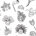Venice Italy carnival masks seamless pattern. Hand drawn sketch Italian Venetian festival. Doodle Drawing background.