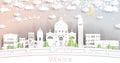 Venice Italy City Skyline in Paper Cut Style with Snowflakes, Moon and Neon Garland