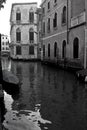 Venice, Italy, December 28, 2018 typical Venice canal with a moored gondola