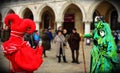 VENICE, ITALY - Feb 09, 2016: Traditions and technology. A red masquerade taking a photos of a couple of green costume masquerade