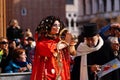 VENICE / ITALY - February 6 2016: Carnival performers participate this event in Piazza San Marco in Venice, Italy. The tradition b Royalty Free Stock Photo