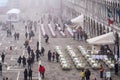 Venice Italy elevated day view of tourists on Saint Mark main square, around famous cafe bistro outdoor