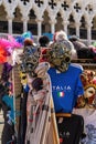 Venice, Italy open-air pavilion where street vendors sell Venetian carnival masks, t-shirts, and mementos, at Royalty Free Stock Photo