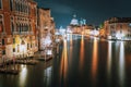 Venice, Italy. Grand Canal at night. Illumination light reflected on water surface. Majestic Basilica di Santa Maria Royalty Free Stock Photo